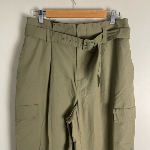Zara Pants Womens size large Olive Green Paperbag Waist Belted Tapered Cargo NWT - Picture 2 of 14